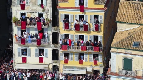 Slow Motion Aerial Drone View of the Historic Easter Botides Tradition in Corfu Video stock 333723549