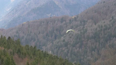 Slow motion aerial paragliding over beautiful mountain covered with trees Vídeo Stock 136391953