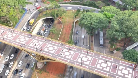 Slow Motion Aerial View of Busy Pedestrian Bridge in São Paulo, Brazil Stock Footage 336391987