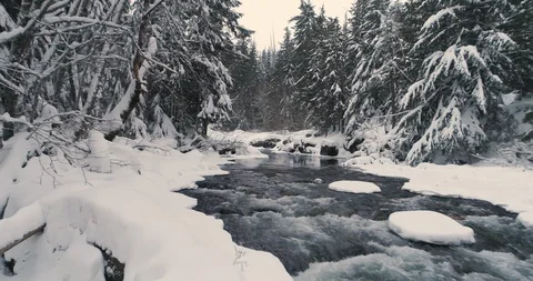 Slow Motion Aerial View Of River During Winter Stock Footage 124197352