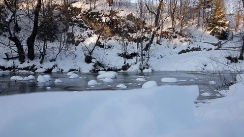 Slow Motion Aerial View Of River In Winter Видео 126240728