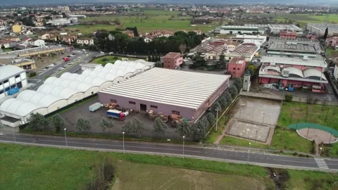 Slow motion: aerial view of a warehouse with truck and pallets. Logistic concept Stock Footage 148663358