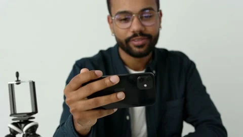 Slow motion african american creative man make live video Self isolation concept Stock Footage 179955435