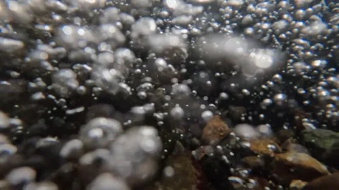 Slow motion of air bubbles in clear river water Stock Footage 307432408
