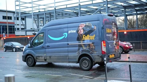 Slow motion. Amazon prime delivery van in urban setting. Hull.UK 3.2.2026 Stock Footage 329770783