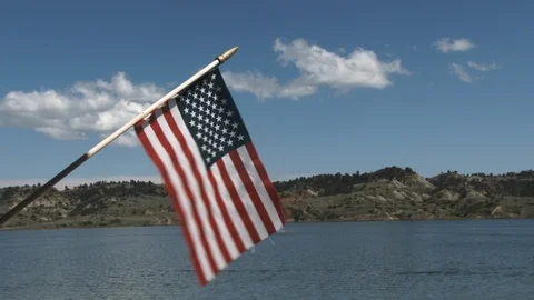 Slow Motion American Flag On Summer Lake Stock Footage 112972663