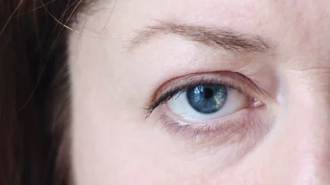 Slow Motion and Computer Graphics. In the female eye there is a double exposure Video stock 233028753