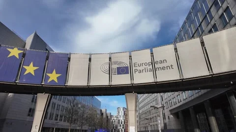 Slow motion angle of the bridge showing EU stars and Parliament signage in Stock Footage 321848750