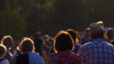 Slow motion anonymous crowd blurred walking in nature. Sunset lighting Stock Footage 113822637