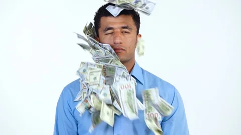 Slow motion of arab man standing on a white background, and a lot of dollar Stock Footage 114514911