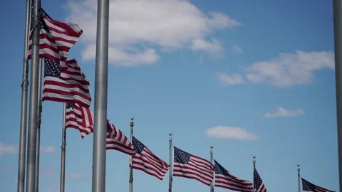 Slow motion of arc of flags flying at the Washington Monument in Washington DC Stock Footage 271573012