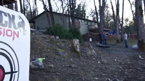 Slow Motion of arrow flying through the air and striking target Stock Footage 113726095