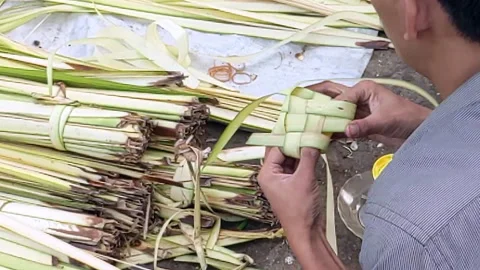 Slow motion. An Asian young man wrapping young coconut leaves into Ketupat Stock Footage 244788825