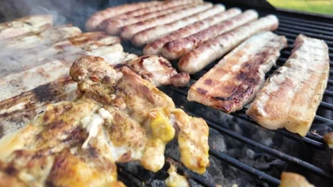 Slow Motion Assorted Meat Grilling on Barbecue With Rising Smoke Stock Footage 345549521