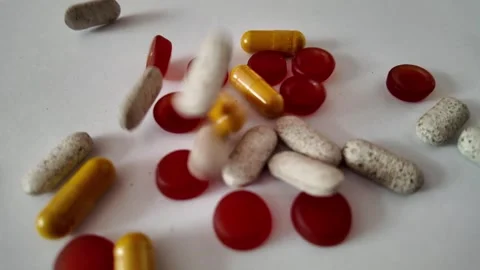 Slow Motion Assorted Pills Falling on White Background – Close-Up Healthcare Stock Footage 339131154