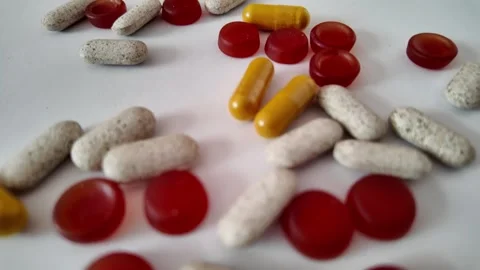 Slow Motion Assorted Pills Falling on White Background – Close-Up Healthcare Stockbeeldmateriaal 339131176