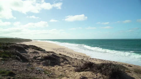 Slow motion of Atlantic ocean waves on seashore on sunny day in Nazare Stock Footage 155649472