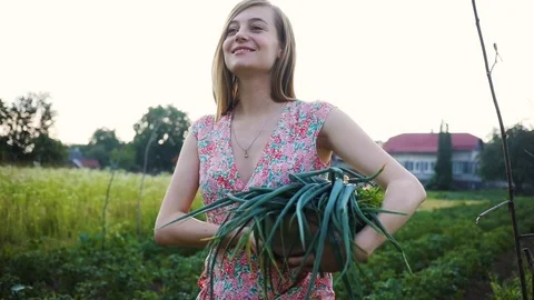 Slow motion attractive young smiling woman walk on the garden with a harvest Stock Footage 92872344