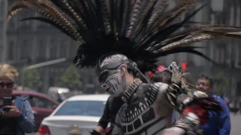 Slow Motion Aztec Dancers In Plaza De La Constitucion, Templo Mayor, Mexico City Stock Footage 154674859