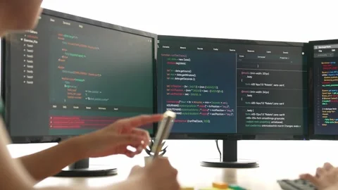 Slow motion back end software developer engineer writing code. Burgeoning Stock Footage 268547057