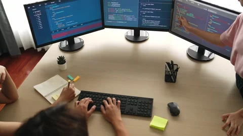 Slow motion back end software developer engineer writing code. Burgeoning Stock Footage 274386171