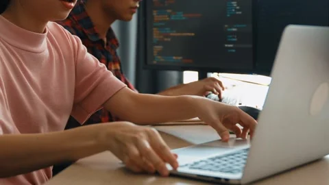 Slow motion back end software developer engineer writing code. Burgeoning 스톡 동영상 276354320