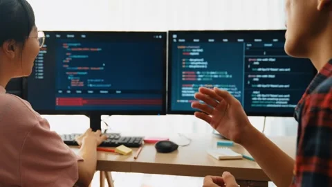 Slow motion back end software developer engineer writing code. Burgeoning 動画素材 280073546