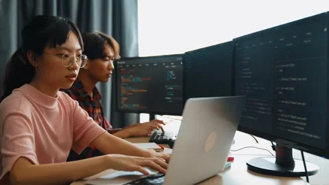 Slow motion back end software developer engineer writing code. Burgeoning Stock Footage 280073680