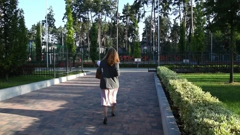 Slow motion back view of a young blonde business woman walking in morning Vídeo Stock 332609827