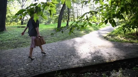Slow motion back view of a young blonde woman walking through a park. Vídeos de archivo 333070425