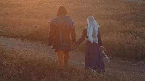 Slow motion on the background of nature. Walking couple in historical medieval Stock-Footage 197518369