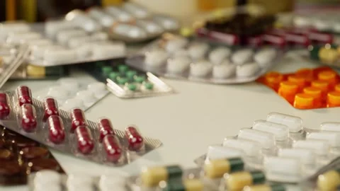 Slow Motion Background Video of Pills Falling onto Medicine Bottles and Boxes Stock Footage 278828278