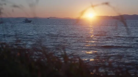 Slow-Motion Backlit Sunset over the Sea in Vladivostok, Russia: Speedboat Stock Footage 344232196