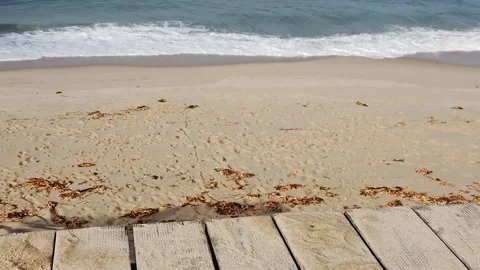 Slow Motion of a Beach with Boards, Sand and Waves Video stock 220876129