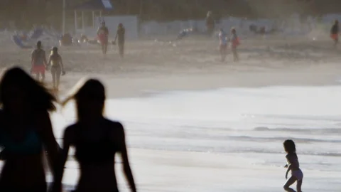 Slow motion beach scene out of focus and silhouettes Stock Footage 86896575