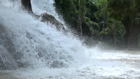 Slow motion of Beautiful Clear Waterfall Cascade In Tropical Rainforest Stock Footage 255030330