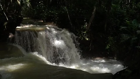 Slow motion of Beautiful Clear Waterfall Cascade In Tropical Rainforest 스톡 동영상 255030883
