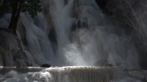 Slow motion of Beautiful Clear Waterfall Cascade In Tropical Rainforest Stock Footage 255031345