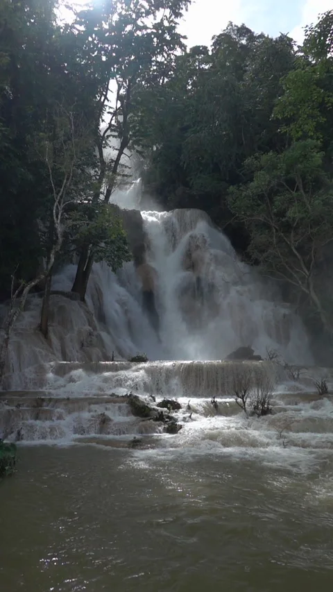 Slow motion of Beautiful Clear Waterfall Cascade In Tropical Rainforest Stock Footage 255032804