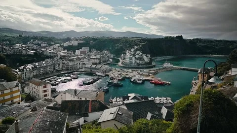 Slow motion Beautiful high angle view of Luarca port in Spain Video stock 322046189