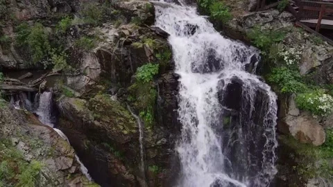 Slow motion beautiful waterfall in green forest, top view Stock Footage 155771268