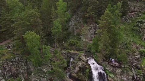 Slow motion beautiful waterfall in green forest, top view Stock Footage 155872957