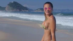 Beautiful Young Woman In Tiny Bikini Wal, Stock Video
