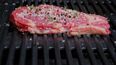 Slow Motion Of Beef Steak On Grill With Falling Spices Stock Footage 245237705