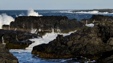 Slow motion big waves crashing on rocky rugged coastline Snaefellsness Iceland Stock Footage 82788700