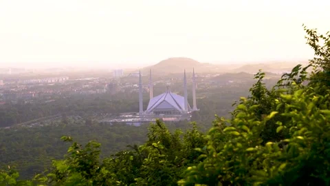 Slow motion bird eye shot of faisal Masjid in Islamabad Pakistan Stock Footage 253655445