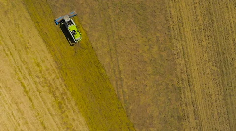 Slow motion birds-eye view aerial drone footage of a Claas combine harvester Stock Footage 59864647