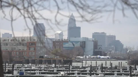 Slow motion of birds flying against city skyline shot of Cleveland Ohio Video stock 33237255