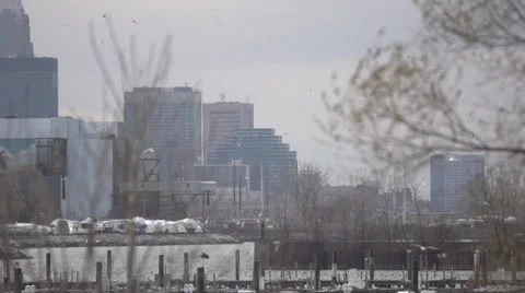 Slow motion of birds flying against city skyline shot of Cleveland Ohio Stock Footage 33237616