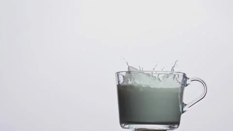 Slow motion biscuit falls into a transparent cup with milk on a white background Stock Footage 233031873
